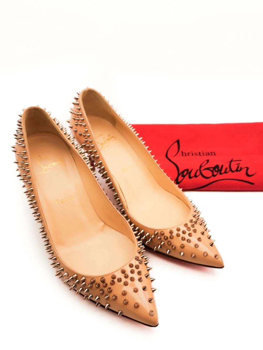 Christian Louboutin Nude Beige Patent Leather Mid Heel Spike Pumps EU 37